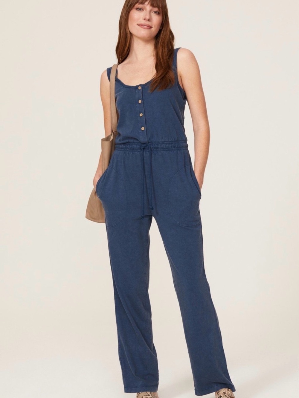 Faherty Terra Organic Cotton Sleeveless Drawstring Jumpsuit Blue M